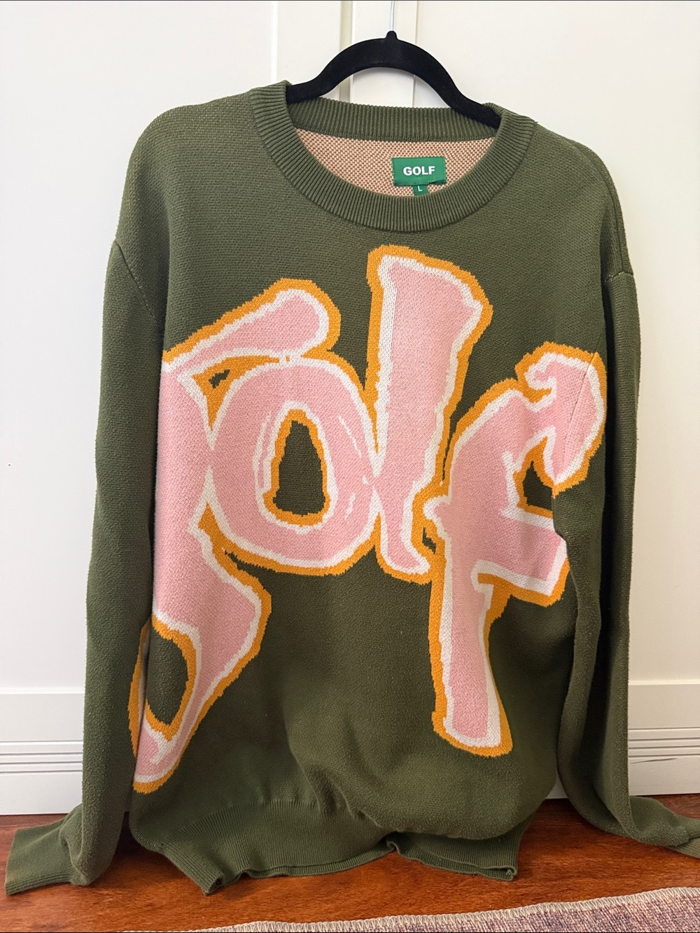 GOLF Olive Green Crewneck Sweater with Pink and Orange Graphic